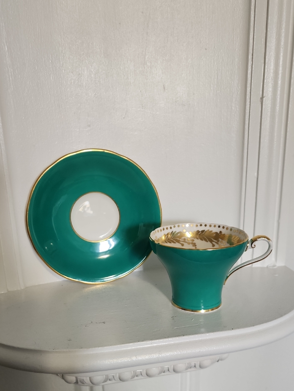 Vintage Aynsley Green and Gold corset shaped fine bone china Tea cup and saucer